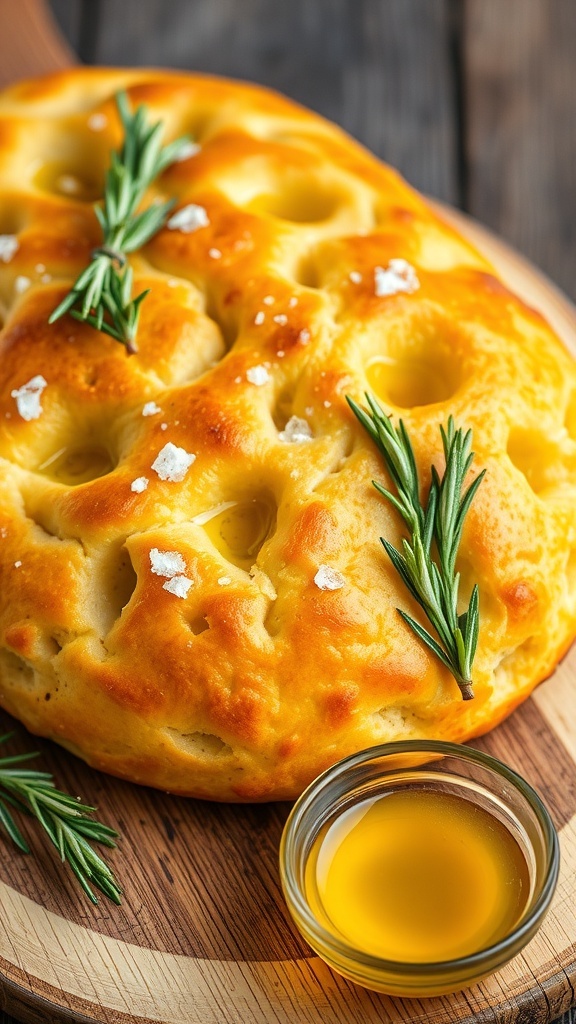 Golden focaccia bread with rosemary and sea salt on a wooden board, served with olive oil.